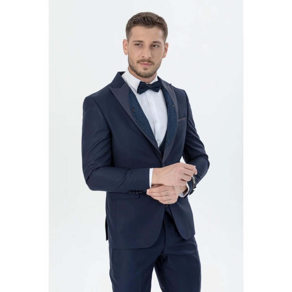 Derman Navy Silvery Collar Tuxedo 3 Piece Set